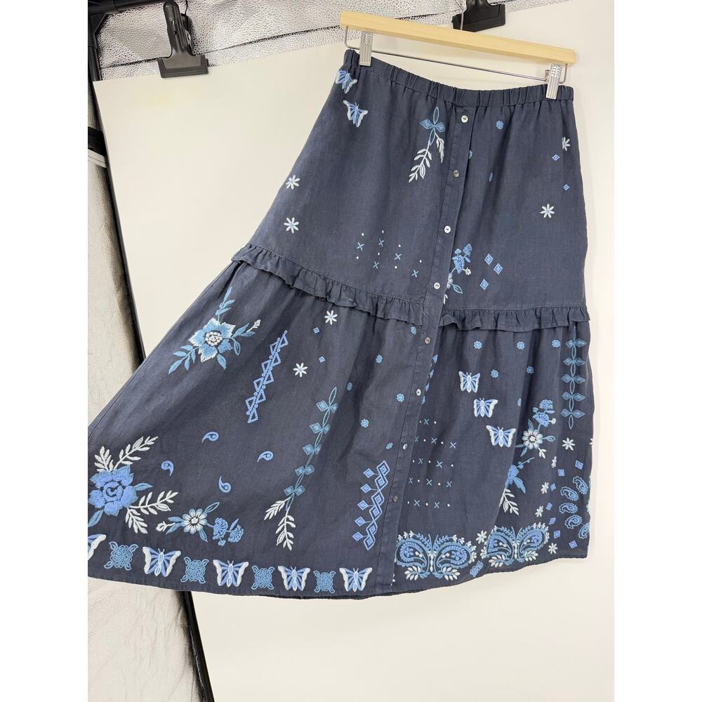JOHNNY WAS Nico Ruffle Tiered Midi Skirt Womens XS Blue Linen Embroidered Boho - Picture 5 of 13
